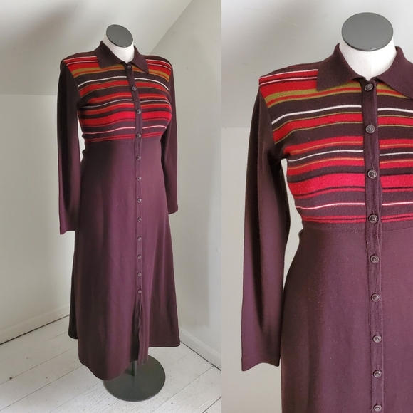 90s Vintage Liz Claiborne Wool Blend Retro Stripe Maxi Dress - Picture 1 of 8